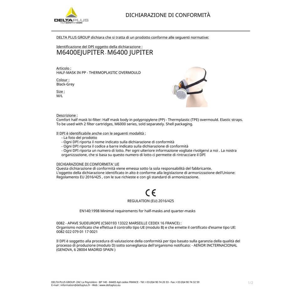 Semi maschera Delta Plus in PPL extra comfort predisposta per 2 filtri (non inclusi) nero-grigio - M6400EGT