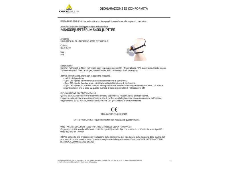 Semi maschera Delta Plus in PPL extra comfort predisposta per 2 filtri (non inclusi) nero-grigio - M6400EGT