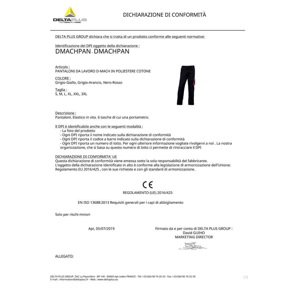Pantaloni da lavoro DELTA PLUS D-Mach con elastico - 6 tasche grigio-giallo - M - DMPANGJTM