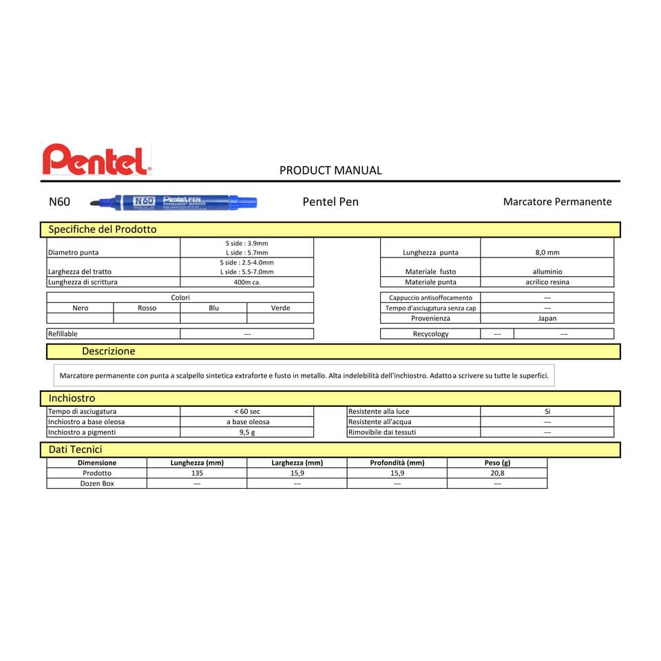 Marcatore permanente Pentel N60 punta a scalpello 3,9-5,7 mm nero N60-A