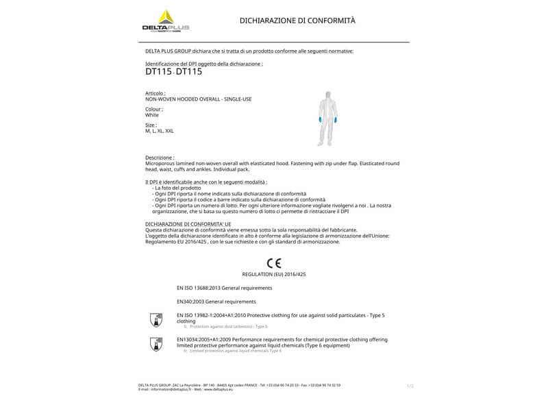 Tute da lavoro DELTA PLUS con cappuccio elasticizzata monouso - chiusura con zip PPL bianco - XL - DT115XG