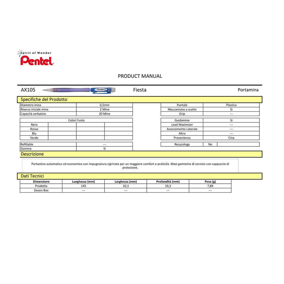 Portamine Pentel 0,5 mm HB fusto nero  AX105-AO