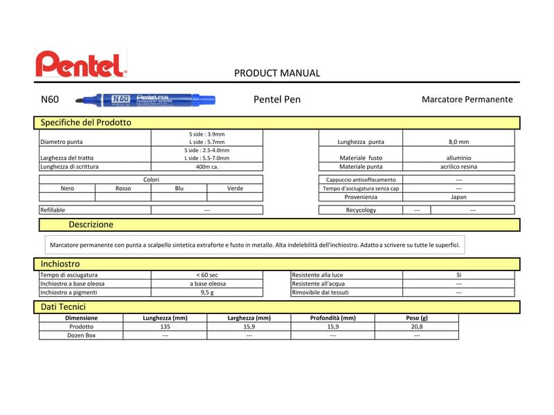 Marcatore permanente Pentel N60 con punta a scalpello 3,9/5,7 mm assortiti 4 pezzi - 0050504