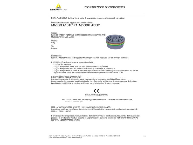 Kit di 2 filtri A1B1E1K1 per semi maschere M6200 e M6400 Jupiter grigio - M6000EABEK1