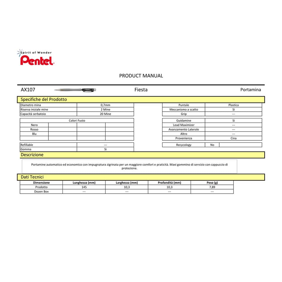 Portamine Pentel 0,7 mm HB fusto nero  AX107-AO
