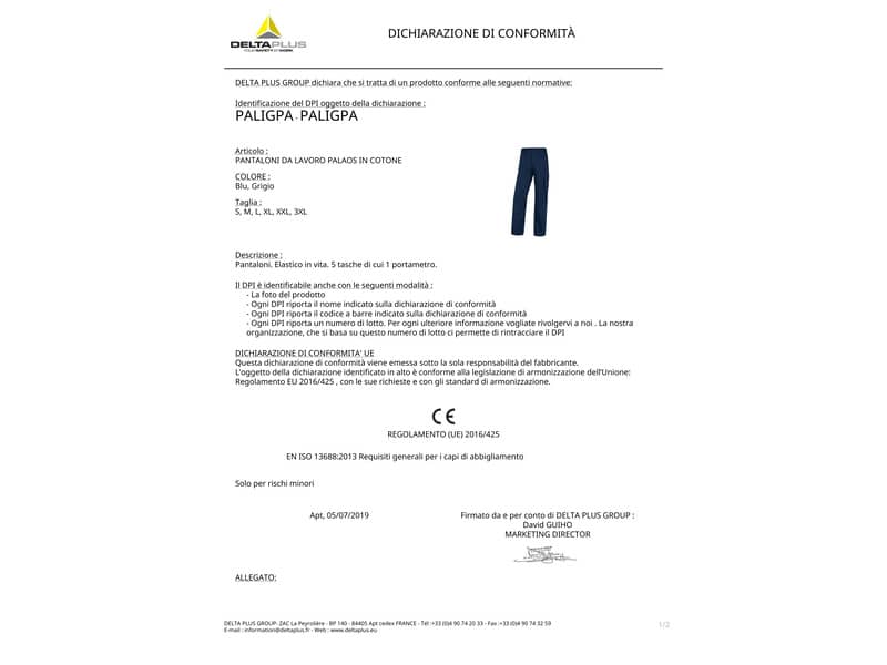 Pantaloni da lavoro DELTA PLUS Palig in cotone con elastico - 5 tasche blu - XXL PALIGPABMXX