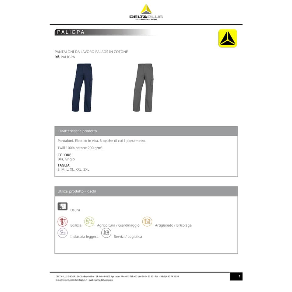 Pantaloni da lavoro DELTA PLUS Palig in cotone con elastico - 5 tasche blu - XXL PALIGPABMXX