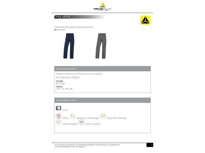 Pantaloni da lavoro DELTA PLUS Palig in cotone con elastico - 5 tasche blu - XXL PALIGPABMXX