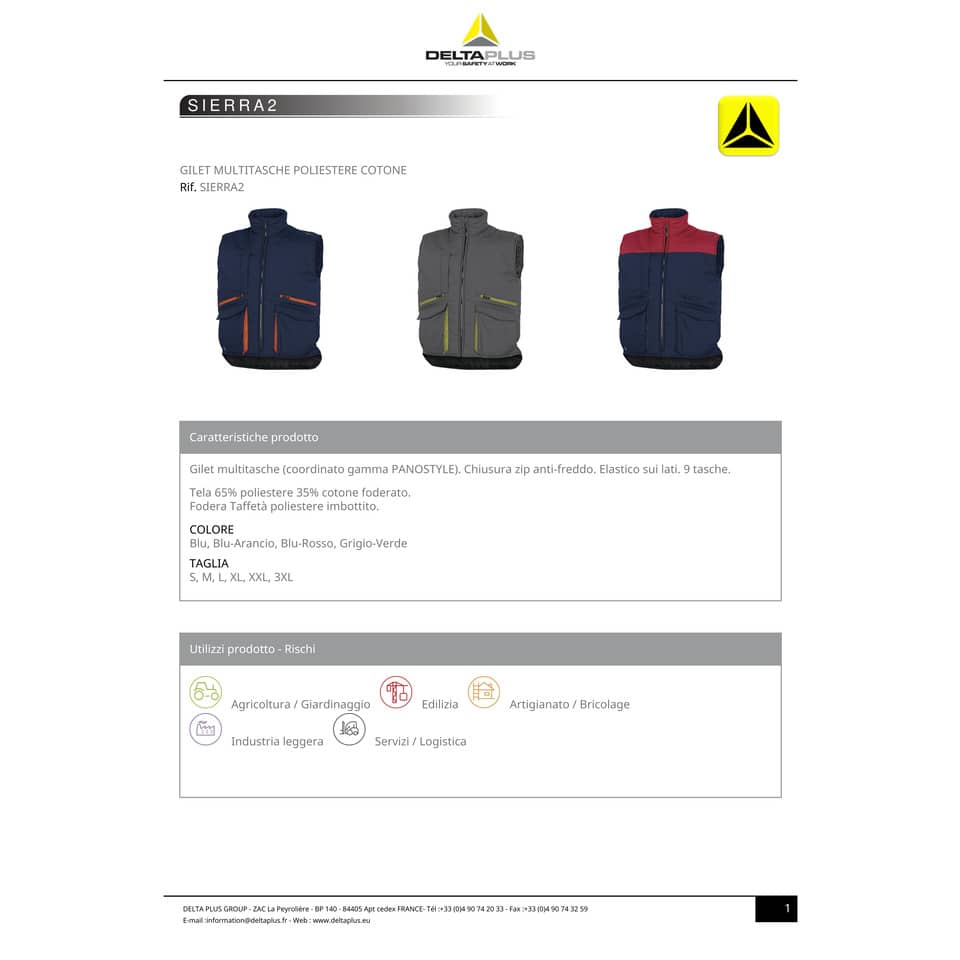 Gilet da lavoro DELTA PLUS Sierra 2 imbottito 9 tasche con zip - cotone e poliestere blu - L - SIER2BMGT