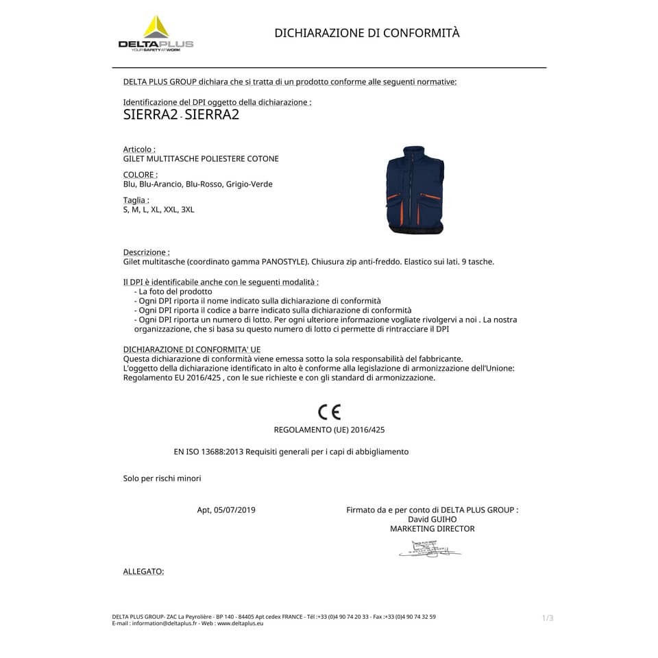 Gilet da lavoro DELTA PLUS Sierra 2 imbottito 9 tasche con zip - cotone e poliestere blu - M - SIER2BMTM
