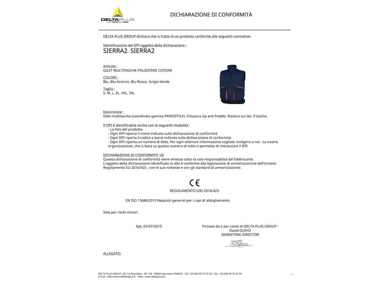 Gilet da lavoro DELTA PLUS Sierra 2 imbottito 9 tasche con zip - cotone e poliestere blu - M - SIER2BMTM