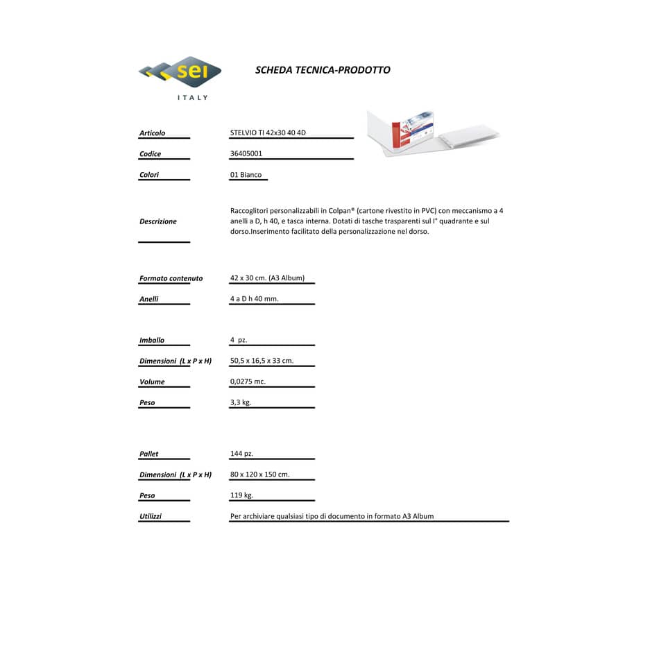 Raccoglitore personalizzabile Sei Rota Stelvio TI A3 orizzontale - 4 anelli D 40 mm bianco - dorso 5,5 cm - 36405001