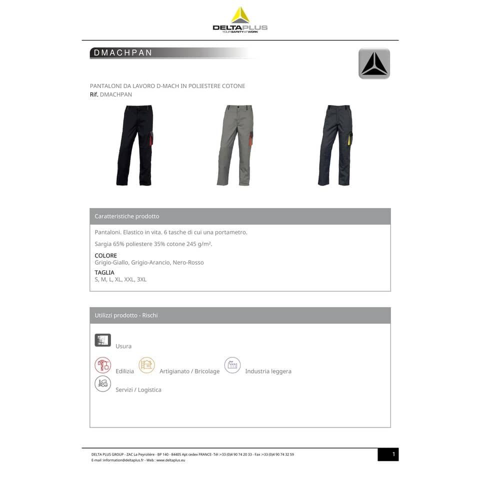 Pantaloni da lavoro DELTA PLUS D-Mach con elastico - 6 tasche grigio-giallo - XL - DMPANGJXG