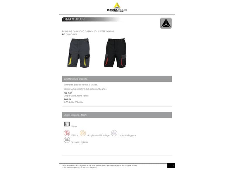 Bermuda da lavoro DELTA PLUS D-Mach 6 tasche - cotone e poliestere grigio-giallo - M - DMBERGJTM