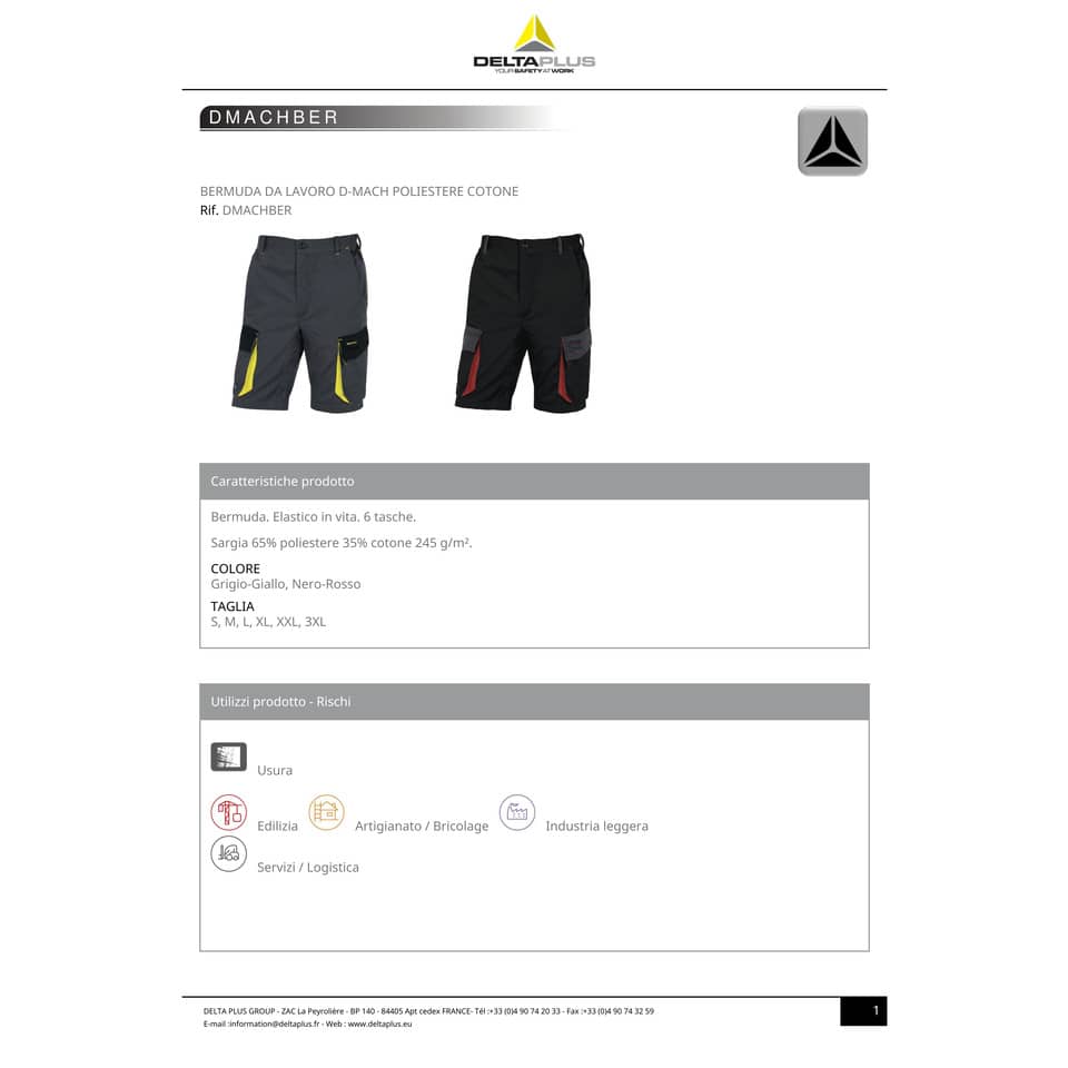 Bermuda da lavoro DELTA PLUS D-Mach 6 tasche - cotone e poliestere grigio-giallo - M - DMBERGJTM