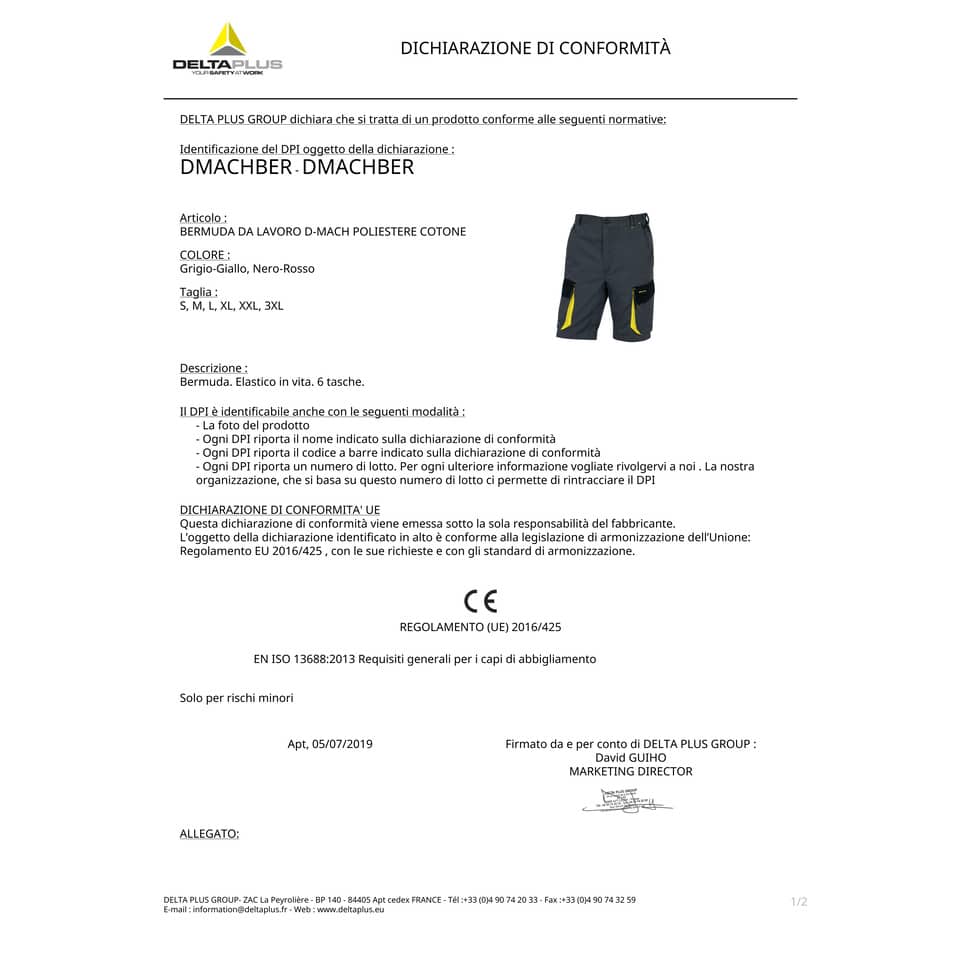 Bermuda da lavoro DELTA PLUS D-Mach 6 tasche - cotone e poliestere grigio-giallo - XL - DMBERGJXG