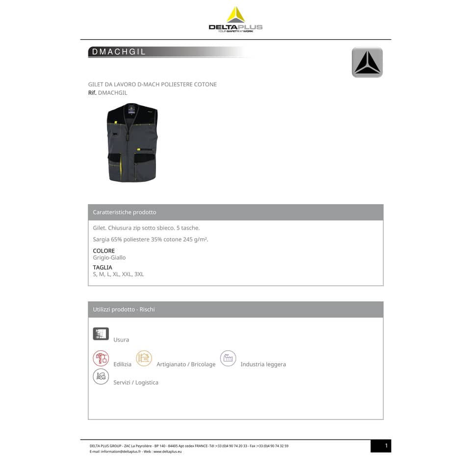 Gilet da lavoro DELTA PLUS D-Mach chiusura con zip - 5 tasche - poliestere e cotone grigio-giallo - M - DMGILGJTM