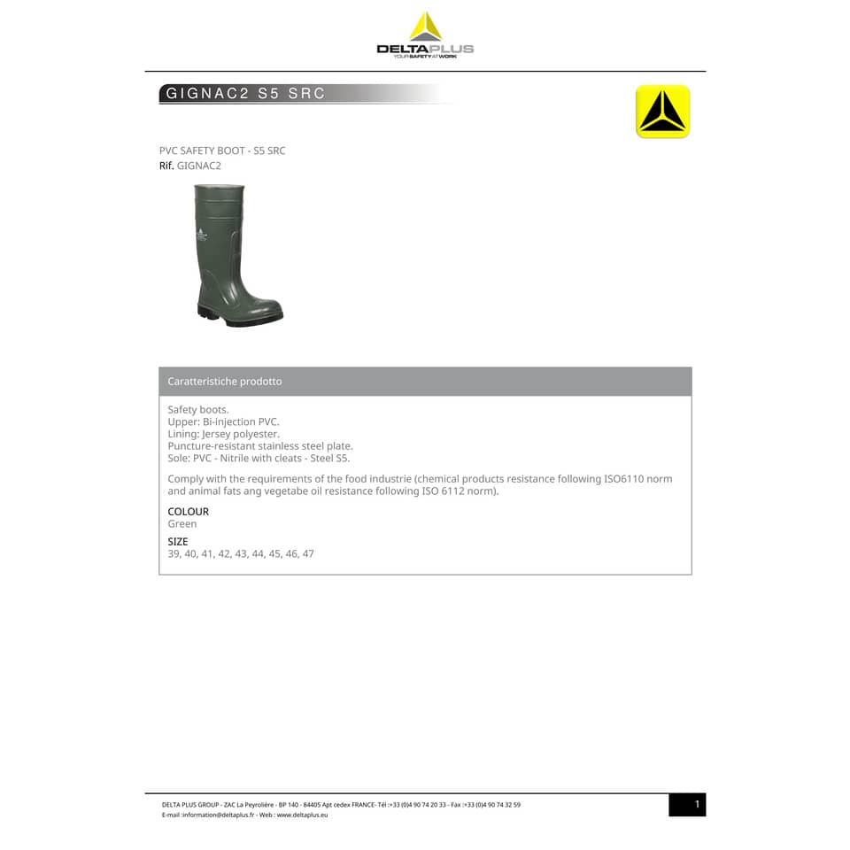 Stivali da lavoro DELTA PLUS Gignac 2 - PVC doppia iniezione verde - 45 - GIGN2VE45