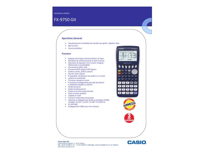 Calcolatrice grafica CASIO FX-9750GII monocromatica, senza CAS. Ammessa alla Maturità. Blu scuro - FX-9750G II