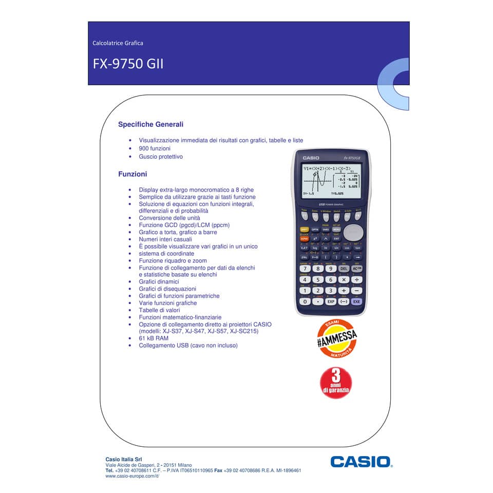 Calcolatrice grafica CASIO FX-9750GII monocromatica, senza CAS. Ammessa alla Maturità. Blu scuro - FX-9750G II