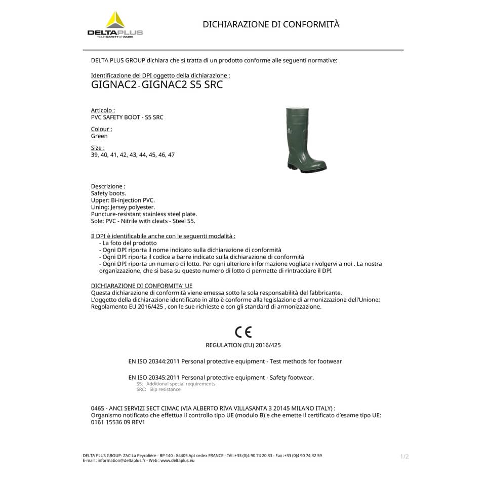 Stivali da lavoro DELTA PLUS Gignac 2 - PVC doppia iniezione verde - 39 - GIGN2VE39