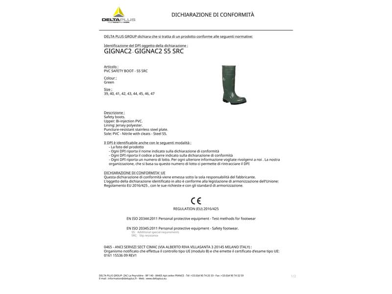 Stivali da lavoro DELTA PLUS Gignac 2 - PVC doppia iniezione verde - 39 - GIGN2VE39