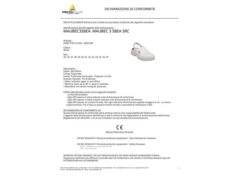 Scarpe da lavoro DELTA PLUS Zoccoli - microfibra impermeabile bianco - 41 MAUB3SBBC41