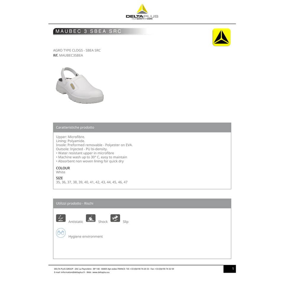 Scarpe da lavoro DELTA PLUS Zoccoli - microfibra impermeabile bianco - 43 MAUB3SBBC43