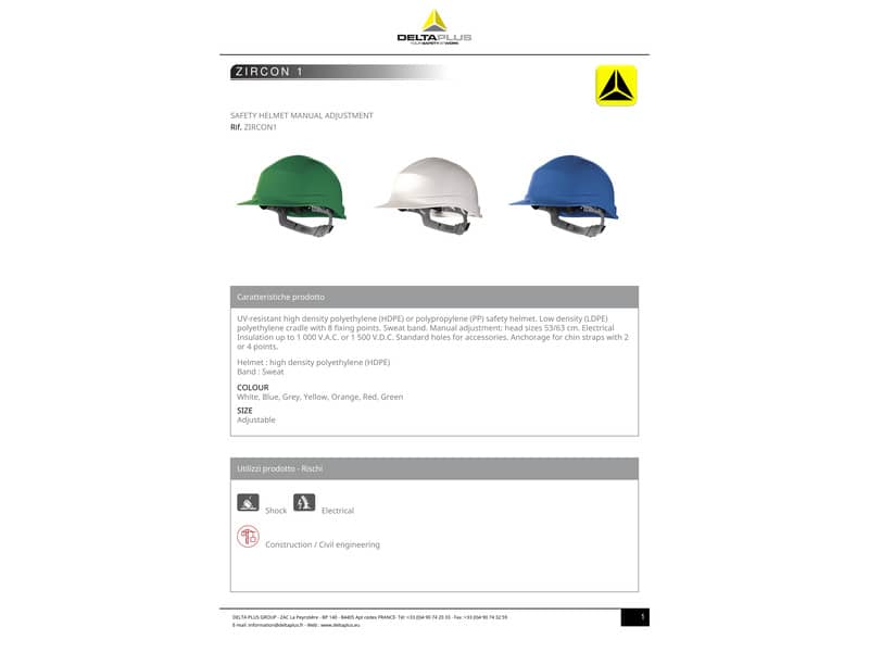Elmetto da cantiere DELTA PLUS Zircon 1 polietilene giallo - ZIRC1JA