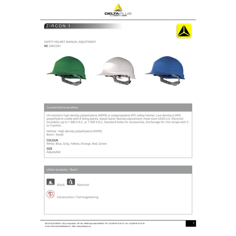 Elmetto da cantiere DELTA PLUS Zircon 1 polietilene giallo - ZIRC1JA