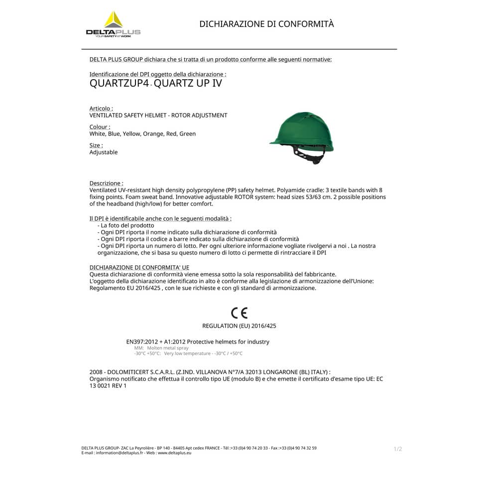 Elmetto da cantiere Quartzup Delta Plus 4 ventilato - polipropilene bianco - QUARUP4BC