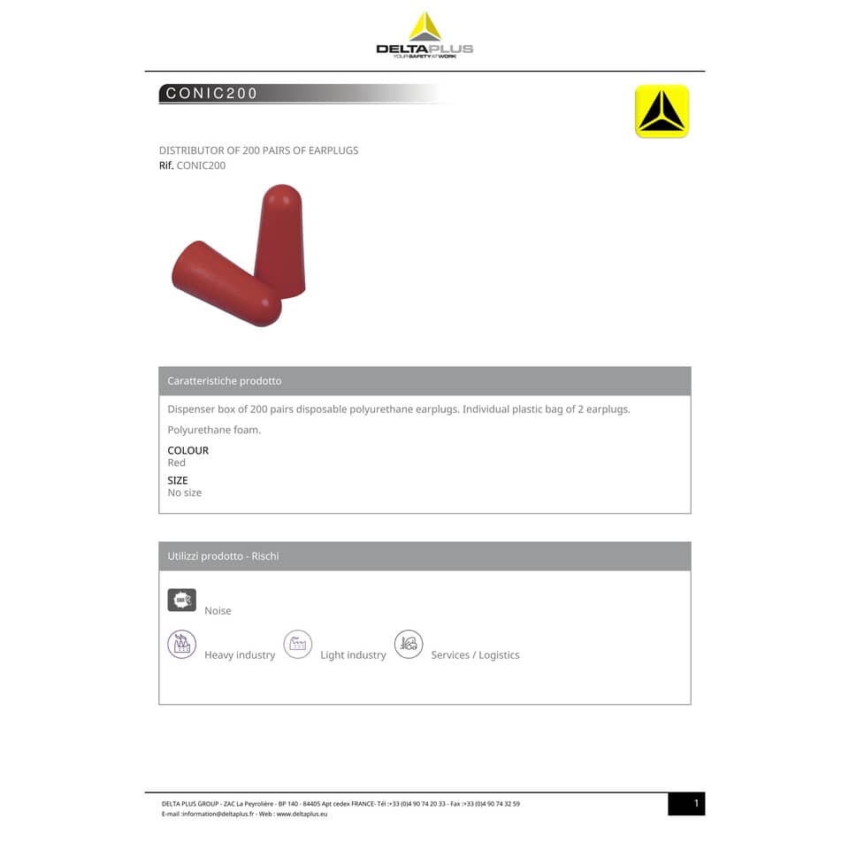 Tappi auricolari Delta Plus in poliuretano Ø 12 mm rosso dispenser 200 paia - CONIC200JA