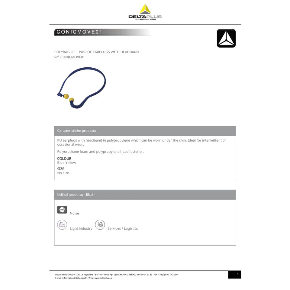 Coppia tappi auricolari Delta Plus in poliuretano con archetto blu-giallo - CONICMOVE01VE