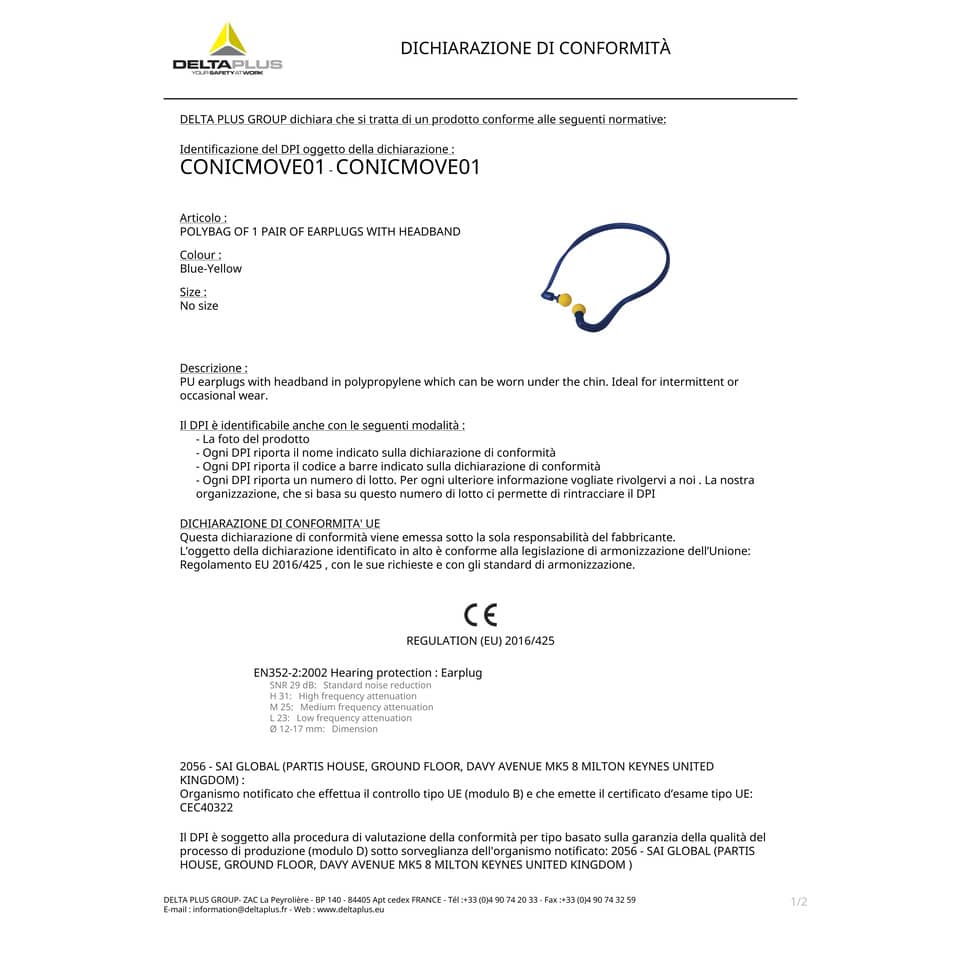 Coppia tappi auricolari Delta Plus in poliuretano con archetto blu-giallo - CONICMOVE01VE