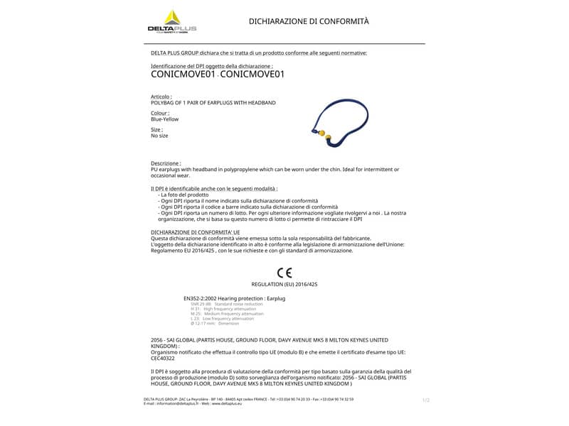 Coppia tappi auricolari Delta Plus in poliuretano con archetto blu-giallo - CONICMOVE01VE