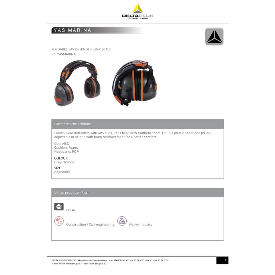 Cuffia antirumore pieghevole Delta Plus padiglione ABS doppio archetto plastico regolabile grigio-arancio - YASMAGJ