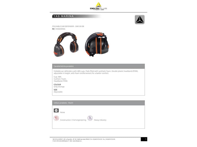 Cuffia antirumore pieghevole Delta Plus padiglione ABS doppio archetto plastico regolabile grigio-arancio - YASMAGJ