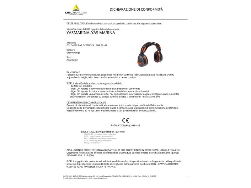 Cuffia antirumore pieghevole Delta Plus padiglione ABS doppio archetto plastico regolabile grigio-arancio - YASMAGJ