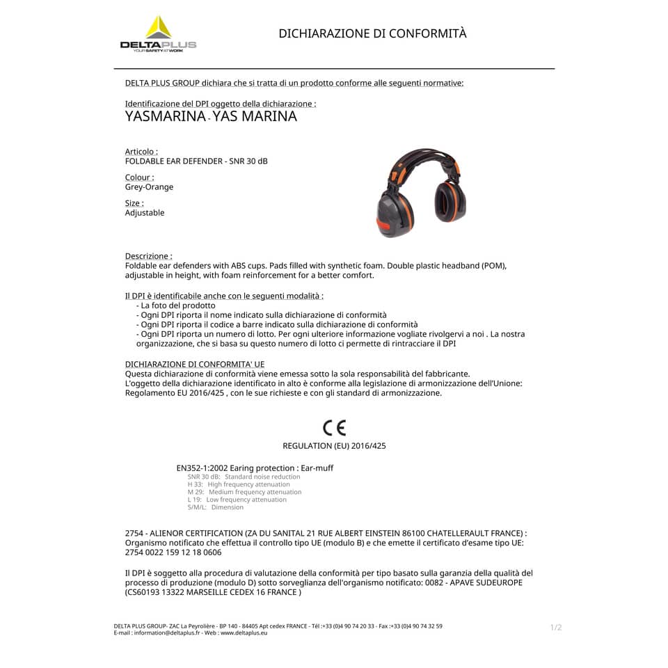 Cuffia antirumore pieghevole Delta Plus padiglione ABS doppio archetto plastico regolabile grigio-arancio - YASMAGJ