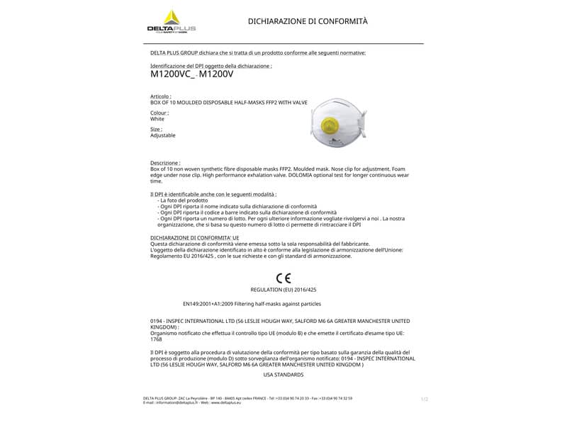 Mascherine di protezione Delta Plus FFP2 fibra sintetica non tessuto con valvola stringinaso regol. bianco 10 pz- M1200VC