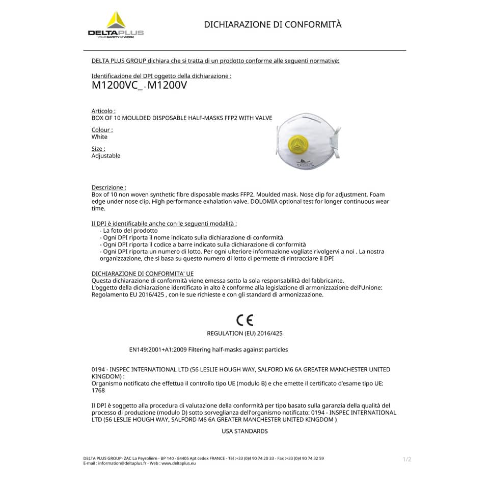 Mascherine di protezione Delta Plus FFP2 fibra sintetica non tessuto con valvola stringinaso regol. bianco 10 pz- M1200VC