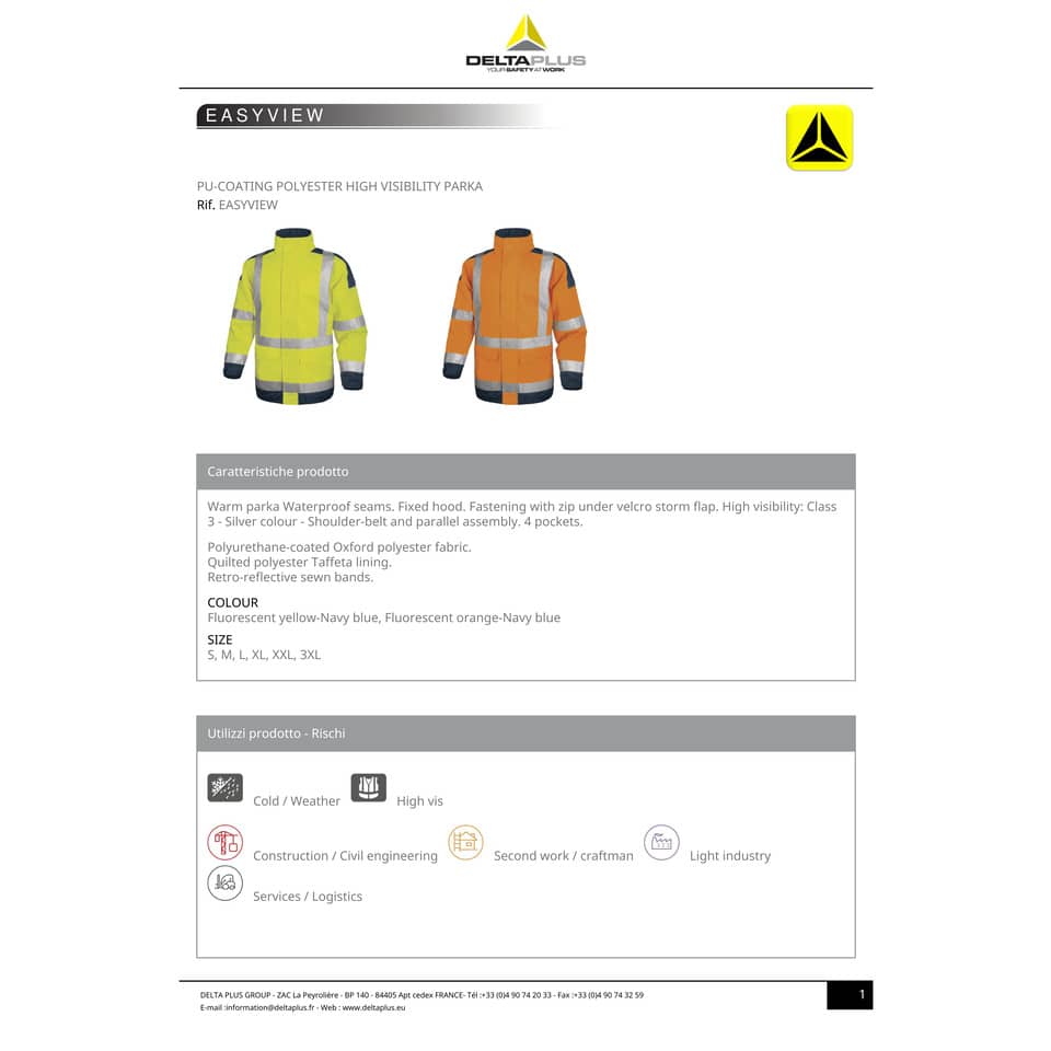 Giacca da lavoro Delta Plus Parka Easy View c/zip imperm. - Cl.3 - 4 tasche - argento giallo fluo-blu - XL - EASYVJMXG