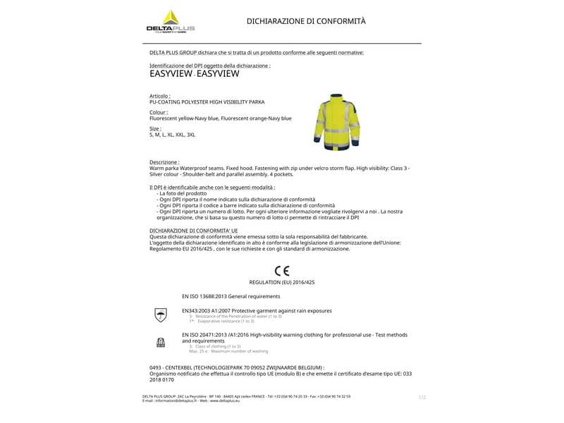 Giacca da lavoro Delta Plus Parka Easy View c/zip imperm. - Cl.3 - 4 tasche - argento arancio fluo-blu XXL - EASYVOMXX