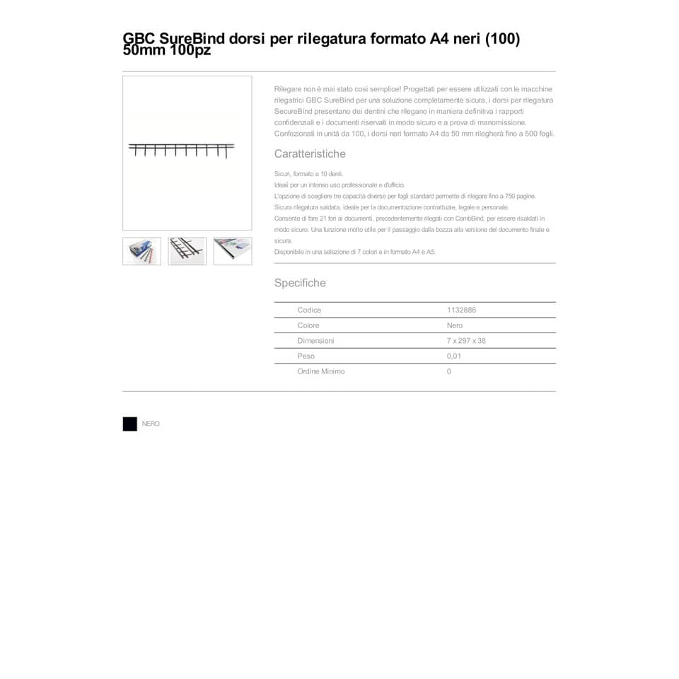 Pettini per rilegatura GBC SureBind 50 mm A4 nero - fino a 500 fogli conf da 100 pettini - 1132886