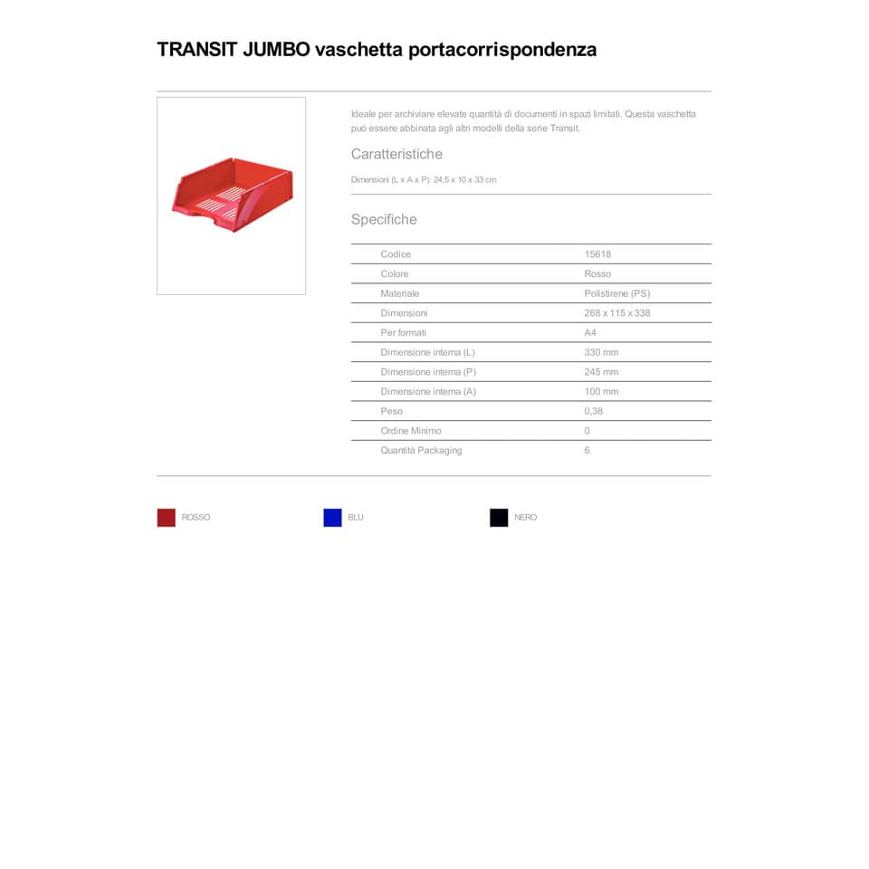 Vaschette portacorrispondenza Esselte TRANSIT JUMBO polistirene rosso 26,8x33,8x11,5 cm - 15618