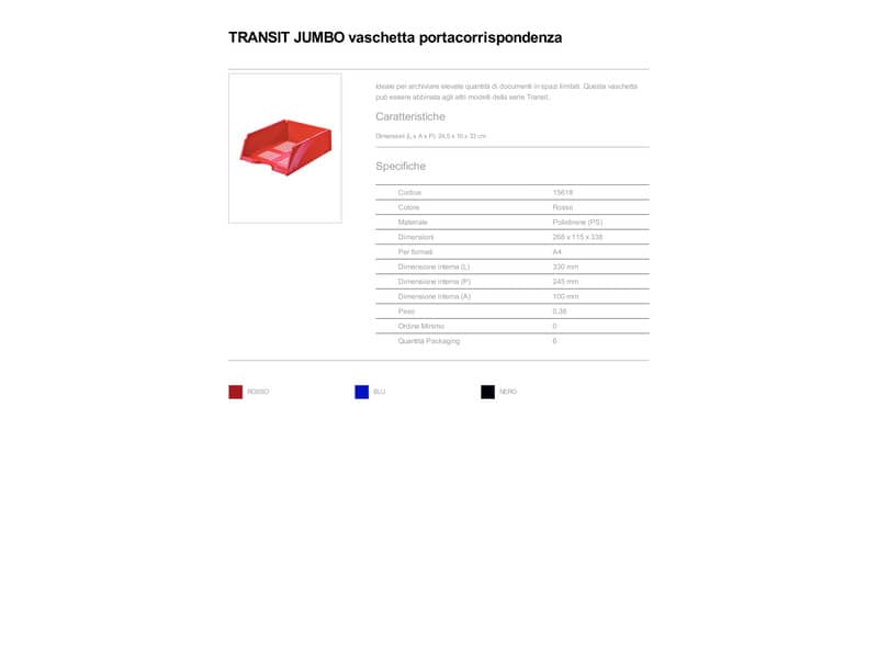 Vaschette portacorrispondenza Esselte TRANSIT JUMBO polistirene rosso 26,8x33,8x11,5 cm - 15618