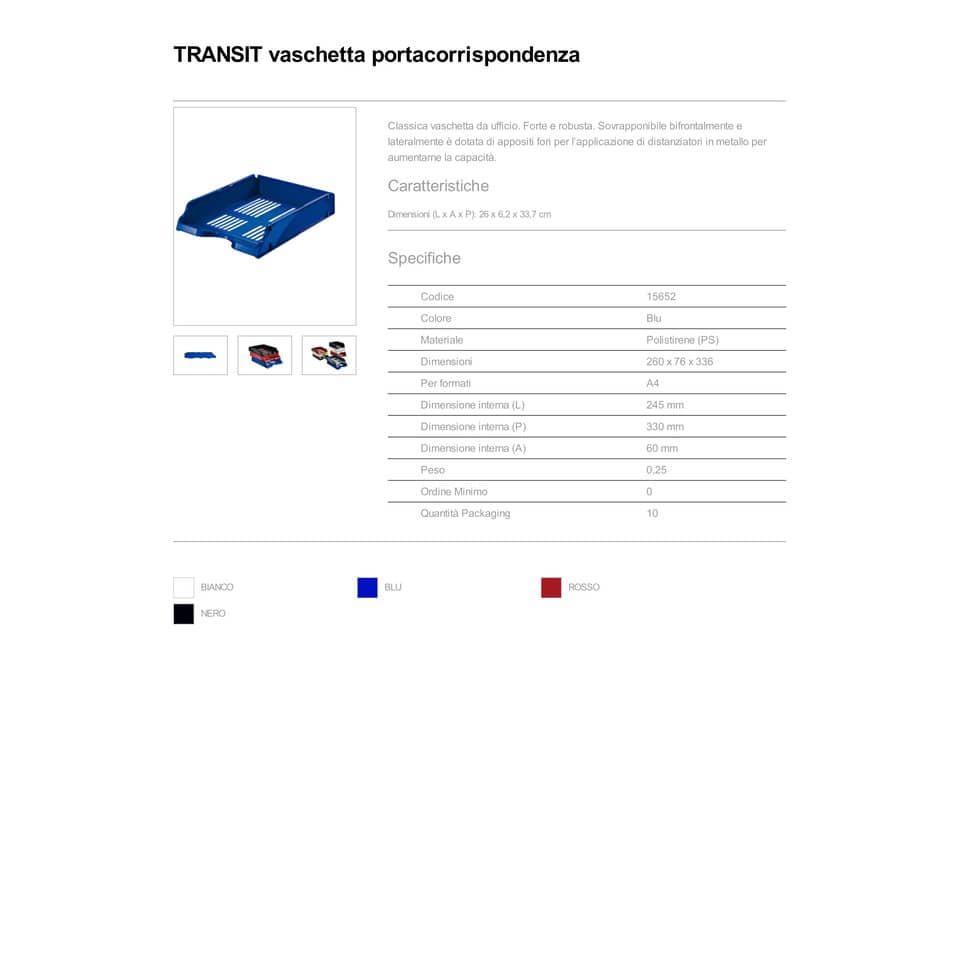 Vaschetta portacorrispondenza Esselte TRANSIT Standard polistirene blu 26x33,6x7,6 cm - 15652