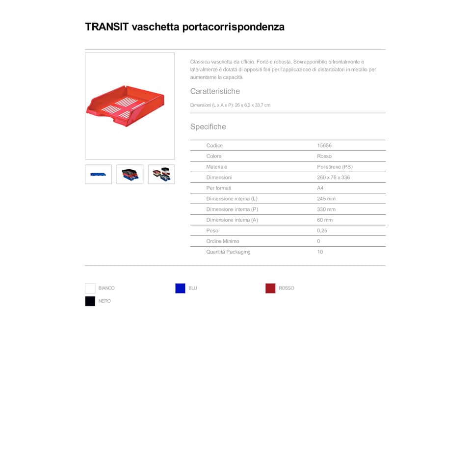 Vaschette portacorrispondenza Esselte TRANSIT Standard polistirene rosso 26x33,6x7,6 cm - 15656