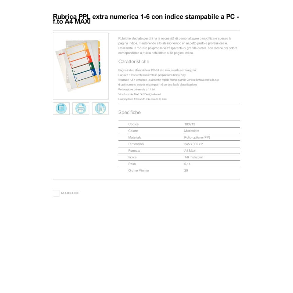 Rubrica in PPL Esselte extra numerica 1-6 con indice stampabile a PC A4 maxi - 100212