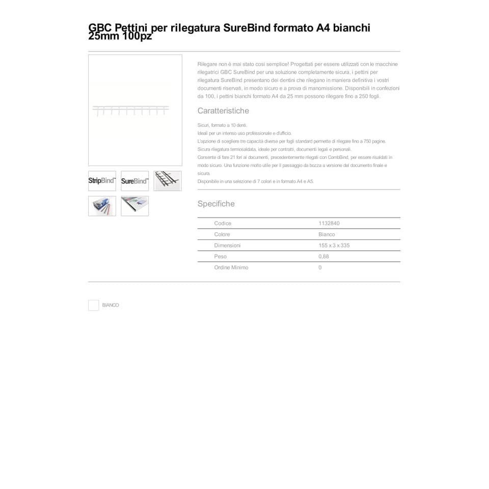 Pettini per rilegatura GBC SureBind 25 mm A4 bianco - fino a 250 fogli conf. da 100 - 1132840